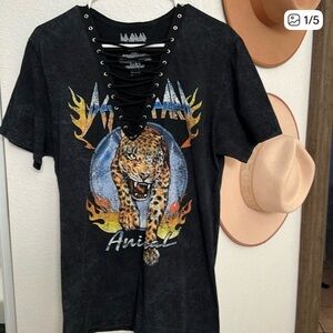 Upcycled Handcrafted Def Leppard Graphic Lace-Up T-Shirt, Deer IVIE, Size L